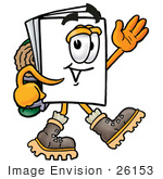 #26153 Clip Art Graphic of a White Copy and Print Paper Cartoon Character Hiking and Carrying a Backpack by toons4biz