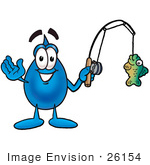 #26154 Clip Art Graphic Of A Blue Waterdrop Or Tear Character Holding A Fish On A Fishing Pole