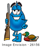 #26156 Clip Art Graphic Of A Blue Waterdrop Or Tear Character Duck Hunting Standing With A Rifle And Duck