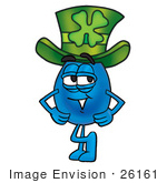 #26161 Clip Art Graphic Of A Blue Waterdrop Or Tear Character Wearing A Saint Patricks Day Hat With A Clover On It