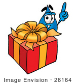 #26164 Clip Art Graphic Of A Blue Waterdrop Or Tear Character Standing By A Christmas Present