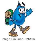 #26165 Clip Art Graphic Of A Blue Waterdrop Or Tear Character Hiking And Carrying A Backpack