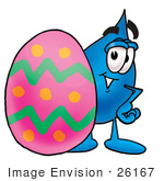 #26167 Clip Art Graphic Of A Blue Waterdrop Or Tear Character Standing Beside An Easter Egg