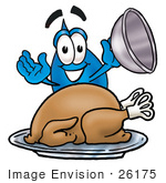 #26175 Clip Art Graphic Of A Blue Waterdrop Or Tear Character Serving A Thanksgiving Turkey On A Platter