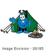 #26185 Clip Art Graphic Of A Blue Waterdrop Or Tear Character Camping With A Tent And Fire