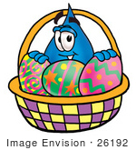 #26192 Clip Art Graphic Of A Blue Waterdrop Or Tear Character In An Easter Basket Full Of Decorated Easter Eggs