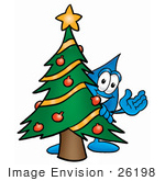 #26198 Clip Art Graphic Of A Blue Waterdrop Or Tear Character Waving And Standing By A Decorated Christmas Tree