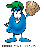 #26200 Clip Art Graphic Of A Blue Waterdrop Or Tear Character Catching A Baseball With A Glove