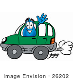 #26202 Clip Art Graphic Of A Blue Waterdrop Or Tear Character Driving A Green Car And Waving