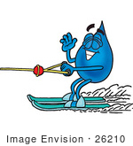 #26210 Clip Art Graphic Of A Blue Waterdrop Or Tear Character Waving While Water Skiing