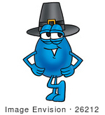 #26212 Clip Art Graphic Of A Blue Waterdrop Or Tear Character Wearing A Pilgrim Hat On Thanksgiving