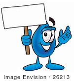 #26213 Clip Art Graphic Of A Blue Waterdrop Or Tear Character Holding A Blank Sign