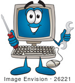 #26221 Clip Art Graphic Of A Desktop Computer Cartoon Character Holding A Wrench And Screwdriver