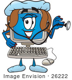 #26222 Clip Art Graphic Of A Female Desktop Computer Cartoon Character Nurse Holding A Stethoscope