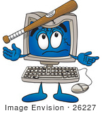 #26227 Clip Art Graphic of a Desktop Computer Cartoon Character Being Broken With a Baseball Bat by toons4biz