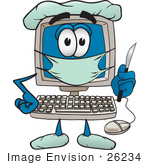 #26234 Clip Art Graphic Of A Desktop Computer Surgeon Cartoon Character In Scrubs Holding A Scalpel