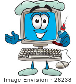 #26238 Clip Art Graphic of a Desktop Computer Cartoon Character Doctor Holding a Syringe by toons4biz