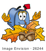#26244 Clip Art Graphic Of A Blue Snail Mailbox Cartoon Character With Autumn Leaves And Acorns In The Fall