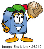 #26245 Clip Art Graphic Of A Blue Snail Mailbox Cartoon Character Catching A Baseball With A Glove