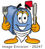 #26247 Clip Art Graphic Of A Blue Snail Mailbox Cartoon Character Holding A Knife And Fork