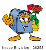 #26253 Clip Art Graphic Of A Blue Snail Mailbox Cartoon Character Holding A Red Rose On Valentines Day