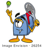 #26254 Clip Art Graphic Of A Blue Snail Mailbox Cartoon Character Preparing To Hit A Tennis Ball
