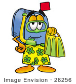 #26256 Clip Art Graphic Of A Blue Snail Mailbox Cartoon Character In Green And Yellow Snorkel Gear
