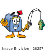 #26257 Clip Art Graphic Of A Blue Snail Mailbox Cartoon Character Holding A Fish On A Fishing Pole