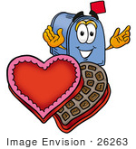 #26263 Clip Art Graphic Of A Blue Snail Mailbox Cartoon Character With An Open Box Of Valentines Day Chocolate Candies