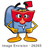 #26265 Clip Art Graphic Of A Blue Snail Mailbox Cartoon Character Wearing A Red Mask Over His Face