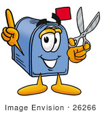 #26266 Clip Art Graphic Of A Blue Snail Mailbox Cartoon Character Holding A Pair Of Scissors