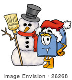 #26268 Clip Art Graphic Of A Blue Snail Mailbox Cartoon Character With A Snowman On Christmas