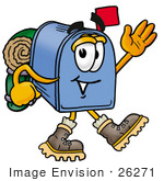 #26271 Clip Art Graphic Of A Blue Snail Mailbox Cartoon Character Hiking And Carrying A Backpack