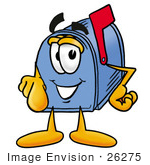 #26275 Clip Art Graphic Of A Blue Snail Mailbox Cartoon Character Pointing At The Viewer