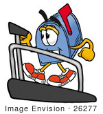 #26277 Clip Art Graphic Of A Blue Snail Mailbox Cartoon Character Walking On A Treadmill In A Fitness Gym