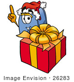#26283 Clip Art Graphic Of A Blue Snail Mailbox Cartoon Character Standing By A Christmas Present