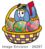 #26287 Clip Art Graphic Of A Blue Snail Mailbox Cartoon Character In An Easter Basket Full Of Decorated Easter Eggs