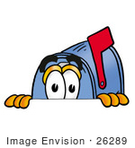 #26289 Clip Art Graphic Of A Blue Snail Mailbox Cartoon Character Peeking Over A Surface