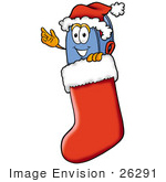 #26291 Clip Art Graphic Of A Blue Snail Mailbox Cartoon Character Wearing A Santa Hat Inside A Red Christmas Stocking