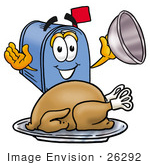 #26292 Clip Art Graphic Of A Blue Snail Mailbox Cartoon Character Serving A Thanksgiving Turkey On A Platter