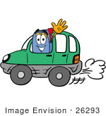 #26293 Clip Art Graphic Of A Blue Snail Mailbox Cartoon Character Driving A Green Car And Waving