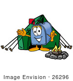 #26296 Clip Art Graphic Of A Blue Snail Mailbox Cartoon Character Camping With A Tent And Fire
