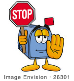 #26301 Clip Art Graphic Of A Blue Snail Mailbox Cartoon Character Holding A Stop Sign