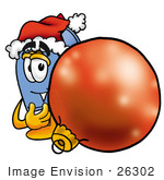 #26302 Clip Art Graphic Of A Blue Snail Mailbox Cartoon Character Wearing A Santa Hat Standing With A Christmas Bauble