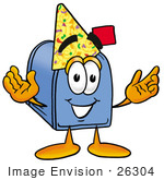 #26304 Clip Art Graphic Of A Blue Snail Mailbox Cartoon Character Wearing A Birthday Party Hat