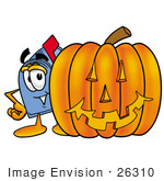 #26310 Clip Art Graphic Of A Blue Snail Mailbox Cartoon Character With A Carved Halloween Pumpkin