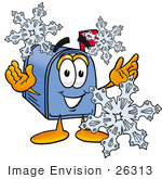 #26313 Clip Art Graphic Of A Blue Snail Mailbox Cartoon Character With Three Snowflakes In Winter