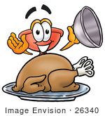 #26340 Clip Art Graphic Of A Plumbing Toilet Or Sink Plunger Cartoon Character Serving A Thanksgiving Turkey On A Platter