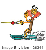 #26344 Clip Art Graphic Of A Plumbing Toilet Or Sink Plunger Cartoon Character Waving While Water Skiing