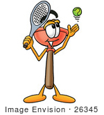 #26345 Clip Art Graphic Of A Plumbing Toilet Or Sink Plunger Cartoon Character Preparing To Hit A Tennis Ball